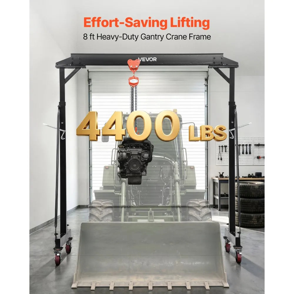 VEVOR Adjustable Gantry Crane, 4400 lbs Capacity, Portable Shop Lift Hoist with 98.8" to 146.1" Height Adjustable, Locking Wheels, Steel Construction, for Factory, Warehouse, Auto Repair, Frame Only