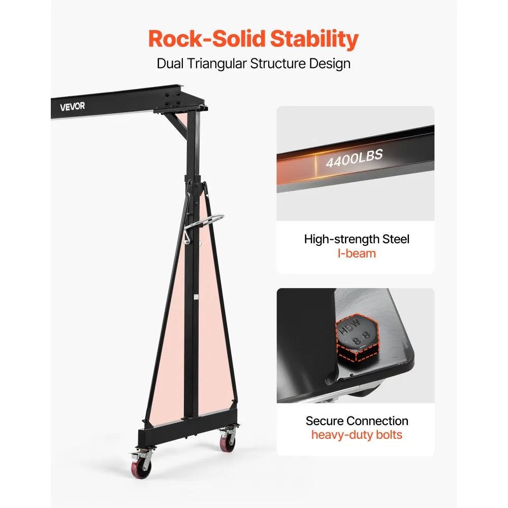 VEVOR Adjustable Gantry Crane, 4400 lbs Capacity, Portable Shop Lift Hoist with 98.8" to 146.1" Height Adjustable, Locking Wheels, Steel Construction, for Factory, Warehouse, Auto Repair, Frame Only