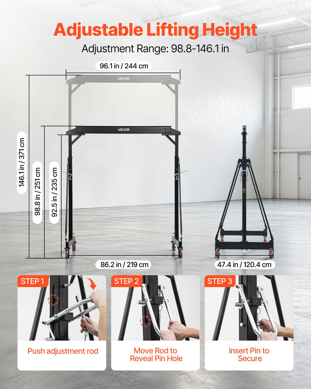 VEVOR Adjustable Gantry Crane, 4400 lbs Capacity, Portable Shop Lift Hoist with 98.8" to 146.1" Height Adjustable, Locking Wheels, Steel Construction, for Factory, Warehouse, Auto Repair, Frame Only