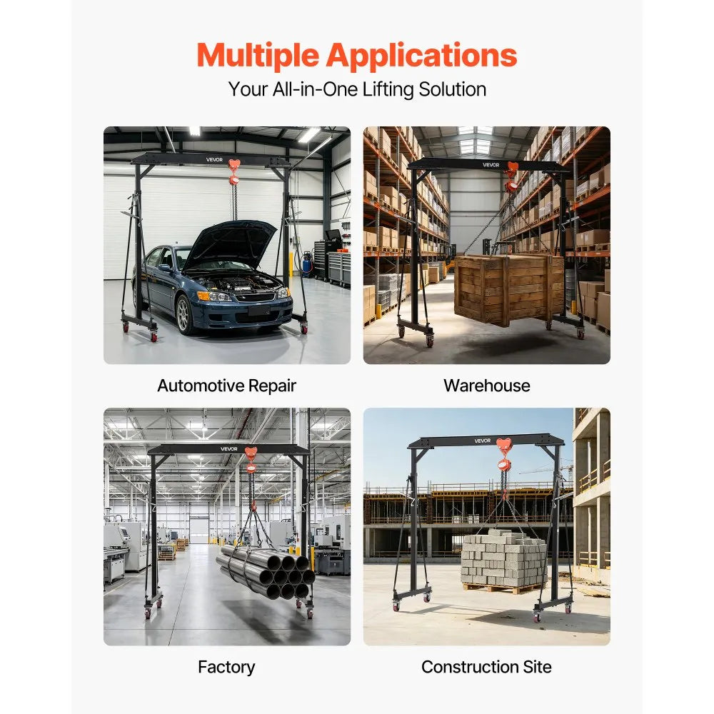 VEVOR Adjustable Gantry Crane, 2200 lbs Capacity, Portable Shop Lift Hoist with 95.7" to 142.9" Height Adjustable, Locking Wheels, Steel Construction, for Factory, Warehouse, Auto Repair, Frame Only