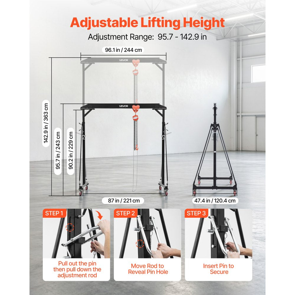 VEVOR Adjustable Gantry Crane, 2200 lbs Capacity, Portable Shop Lift Hoist with 95.7-142.9 in Height Adjustable, Manual Trolley, Hoist, Sling, Shackles, Hooks, for Garage Factory Warehouse Auto Repair