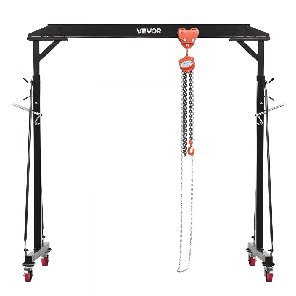 VEVOR Adjustable Gantry Crane, 2200 lbs Capacity, Portable Shop Lift Hoist with 95.7-142.9 in Height Adjustable, Manual Trolley, Hoist, Sling, Shackles, Hooks, for Garage Factory Warehouse Auto Repair