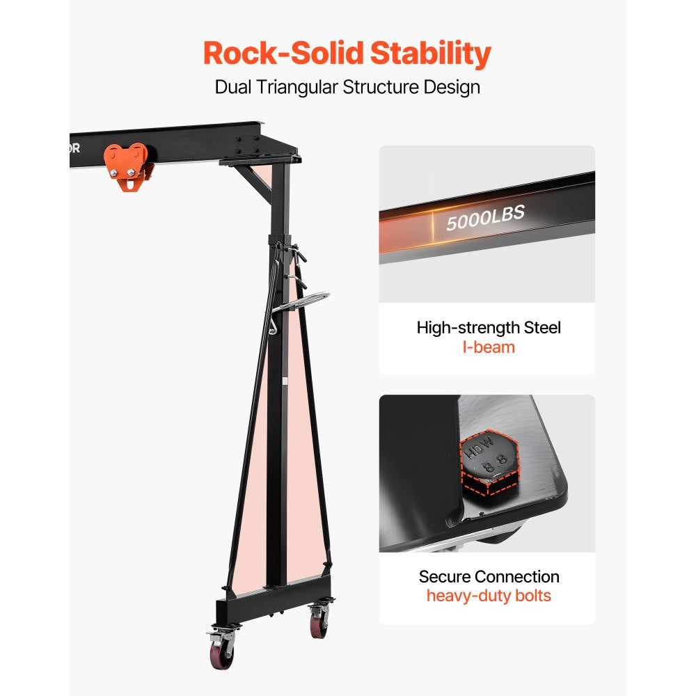 VEVOR Adjustable Gantry Crane, 5000 lbs Capacity, Portable Shop Lift Hoist with 100.4-147.6 in Height Adjustable, Manual Trolley, Locking Wheels, Steel Construction, for Factory Warehouse Auto Repair