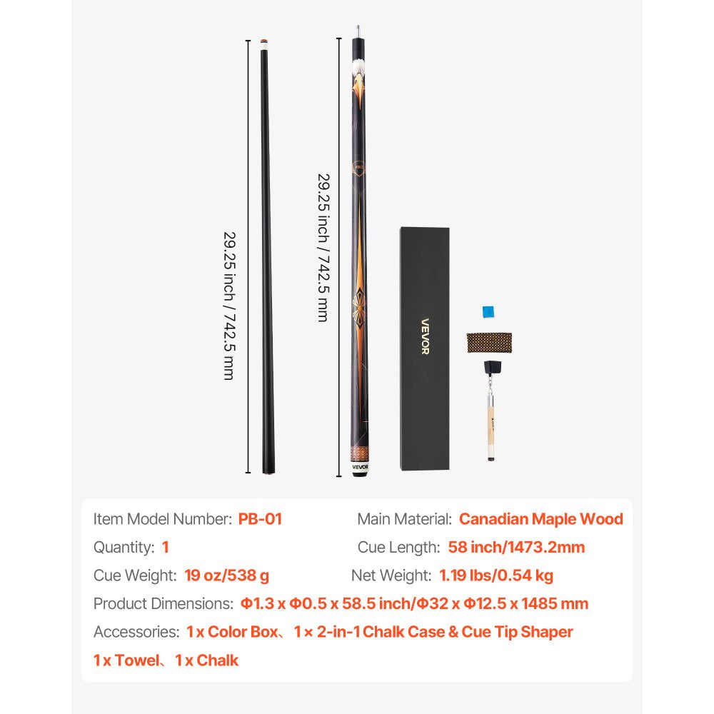 VEVOR Pool Cue, 1 Piece Pool Stick, 58 inch & 19 oz Canadian Maple Wood Billiard Pools Cue Stick with Multi-Layer Tip & ABS Connection Ring, Cues Sticks for Professional Pool Table, Bar, Home, Office