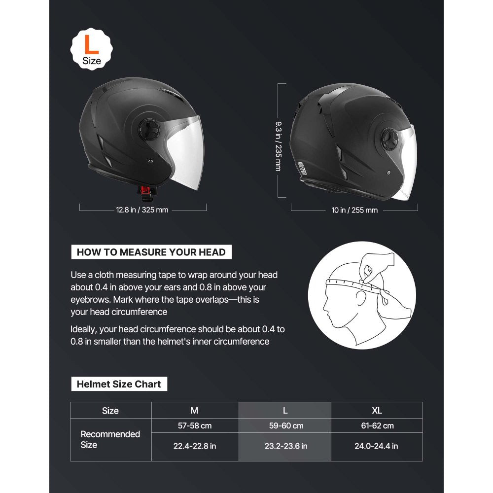 VEVOR Motorcycle Helmet, 3/4 Open Face, Adult Motocross Dirt Bike Helmet with Clear Visor, Comfortable Motorbike Racing Street with Detachable Liner for Men & Women, DOT Approved, (Matte Black, L)