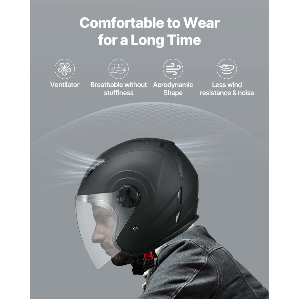 VEVOR Motorcycle Helmet, 3/4 Open Face, Adult Motocross Dirt Bike Helmet with Clear Visor, Comfortable Motorbike Racing Street with Detachable Liner for Men & Women, DOT Approved, (Matte Black, L)