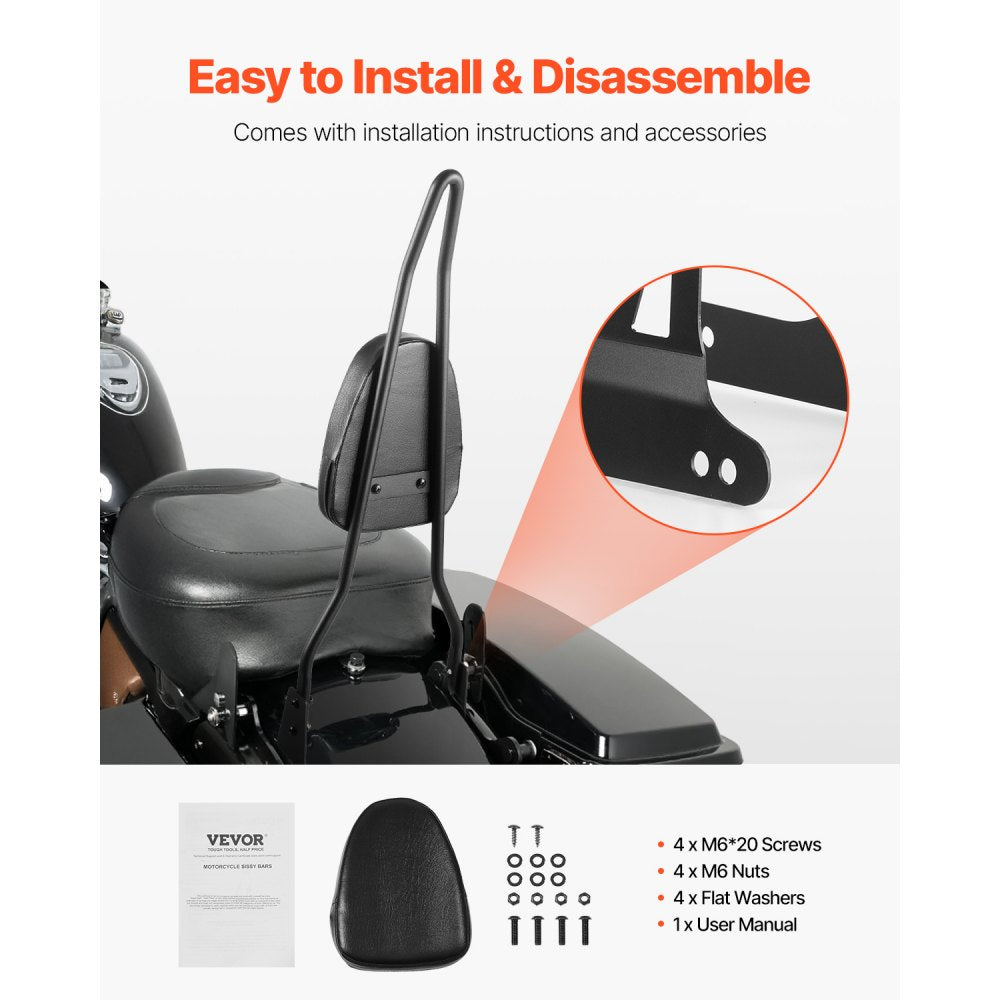 Motorcycle Backrest Sissy Bar, Compatible with Harley-Davidson Dyna Street Glide, Road Glide, and Road King, 29-Inch Height Detachable Passenger Backrest, Black