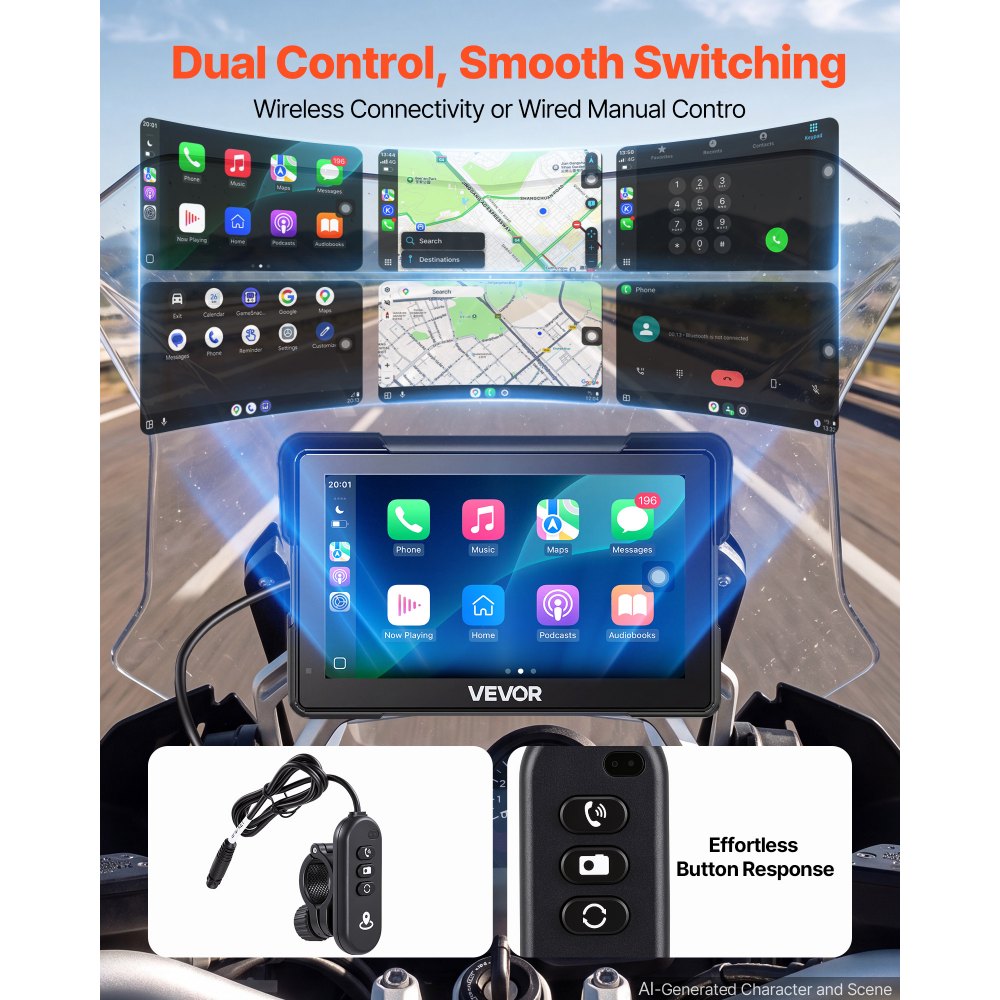 VEVOR 7 Inch Wireless Motorcycle Carplay with Apple Carplay & Android Auto, HD Touchscreen GPS Navigation System with Dual Cameras & Bluetooth, TPMS, Voice Control, 64GB Card - Fits All Motorcycles