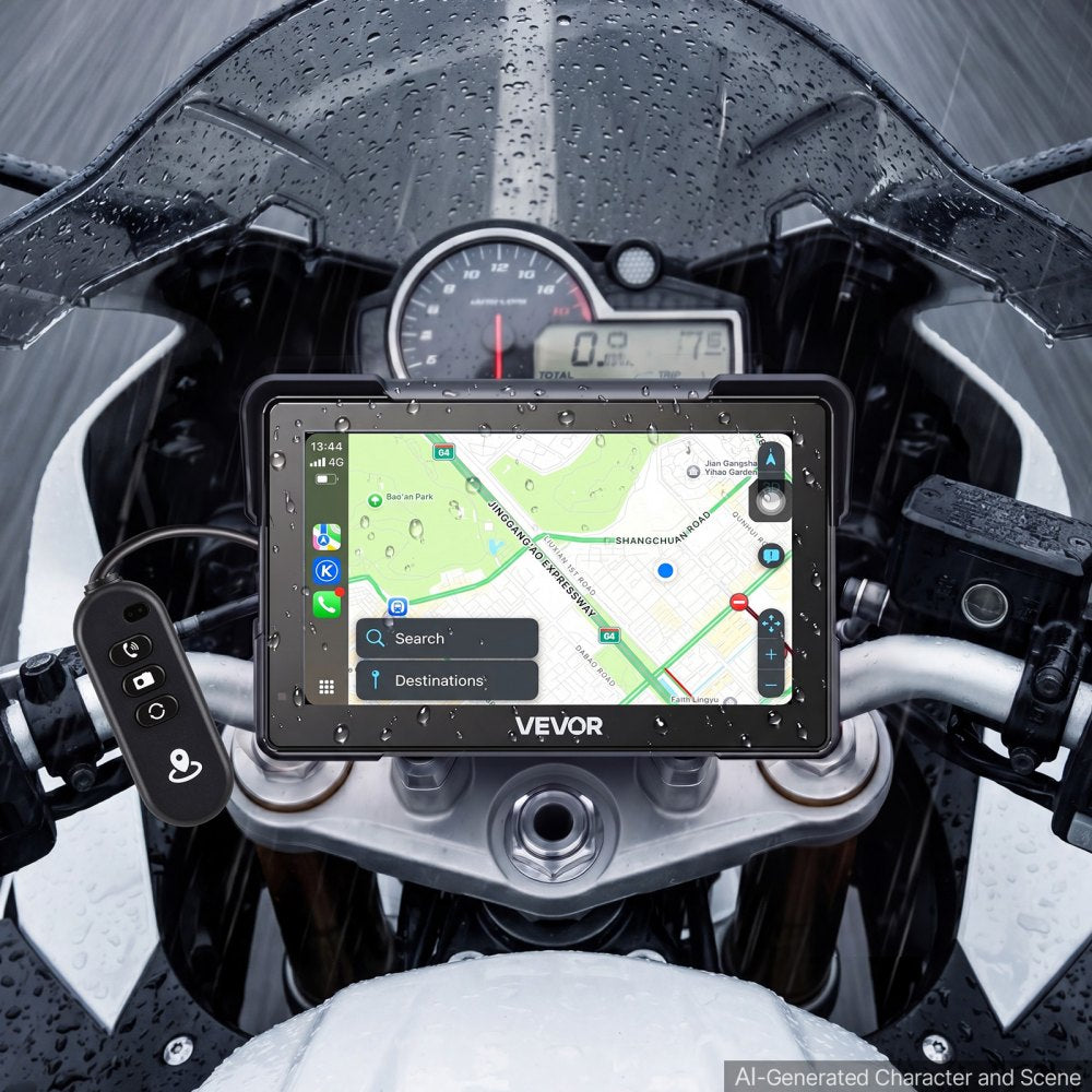 VEVOR 7 Inch Wireless Motorcycle Carplay with Apple Carplay & Android Auto, HD Touchscreen GPS Navigation System with Dual Cameras & Bluetooth, TPMS, Voice Control, 64GB Card - Fits All Motorcycles