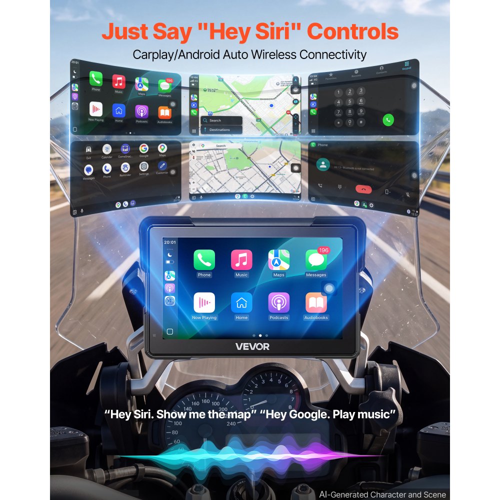 VEVOR 7 Inch Wireless Motorcycle Carplay with Apple Carplay & Android Auto, HD Touchscreen GPS Navigation System with Voice Control, Dual Bluetooth, Siri & Google Assistant, IP67 - Fit All Motorcycles