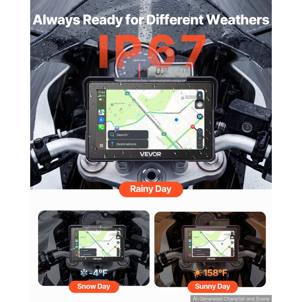 VEVOR 7 Inch Wireless Motorcycle Carplay with Apple Carplay & Android Auto, HD Touchscreen GPS Navigation System with Voice Control, Dual Bluetooth, Siri & Google Assistant, IP67 - Fit All Motorcycles