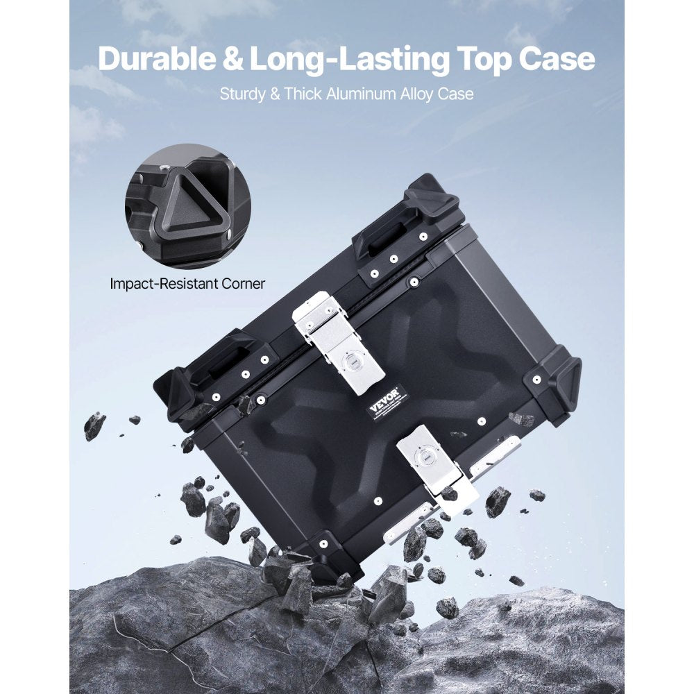 VEVOR Motorcycle Top Case, Universal Aluminum Alloy Motorbike Tail Box with Leather Lining, 45L Waterproof Detachable Motorcycle Top Box with Lock & Back Cushion, Fit for 99% of Motorcycle Frames