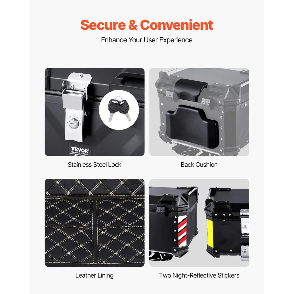 VEVOR Motorcycle Top Case, Universal Aluminum Alloy Motorbike Tail Box with Leather Lining, 45L Waterproof Detachable Motorcycle Top Box with Lock & Back Cushion, Fit for 99% of Motorcycle Frames