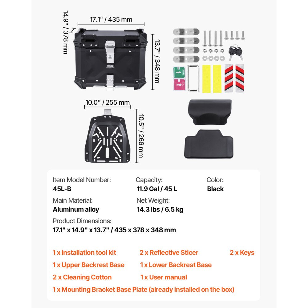 VEVOR Motorcycle Top Case, Universal Aluminum Alloy Motorbike Tail Box with Leather Lining, 45L Waterproof Detachable Motorcycle Top Box with Lock & Back Cushion, Fit for 99% of Motorcycle Frames