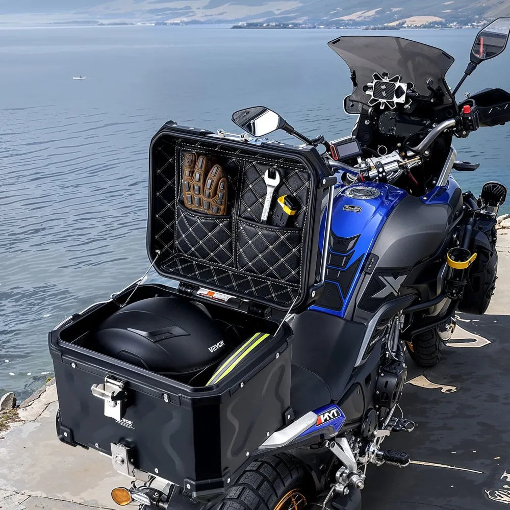 VEVOR Motorcycle Top Case, Universal Aluminum Alloy Motorbike Tail Box with Leather Lining, 45L Waterproof Detachable Motorcycle Top Box with Lock & Back Cushion, Fit for 99% of Motorcycle Frames