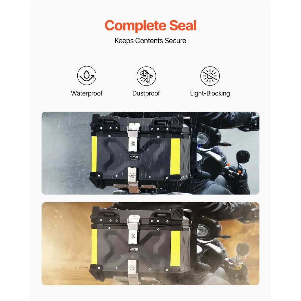 VEVOR Motorcycle Top Case, Universal Aluminum Alloy Motorbike Tail Box with Leather Lining, 55L Waterproof Detachable Motorcycle Top Box with Lock & Back Cushion, Fit for 99% of Motorcycle Frames
