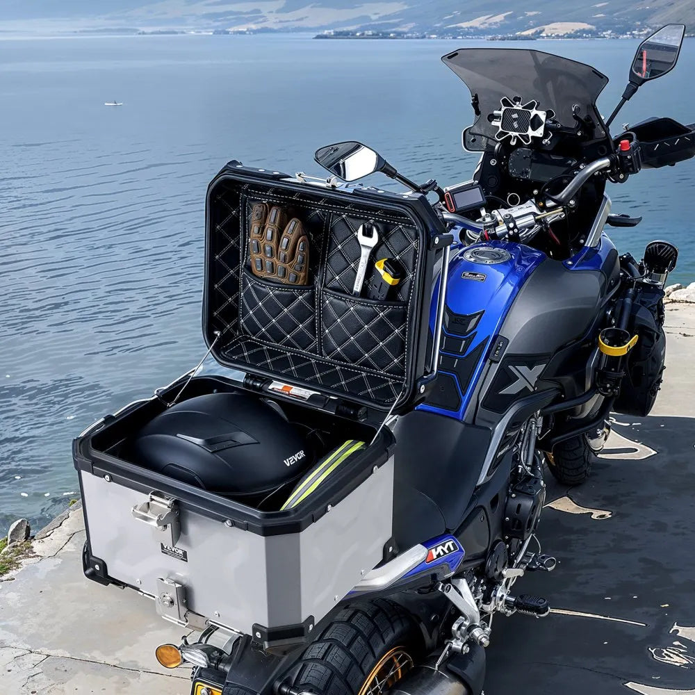 VEVOR Motorcycle Top Case, Universal Aluminum Alloy Motorbike Tail Box with Leather Lining, 45L Waterproof Detachable Motorcycle Top Box with Lock & Back Cushion, Fit for 99% of Motorcycle Frames