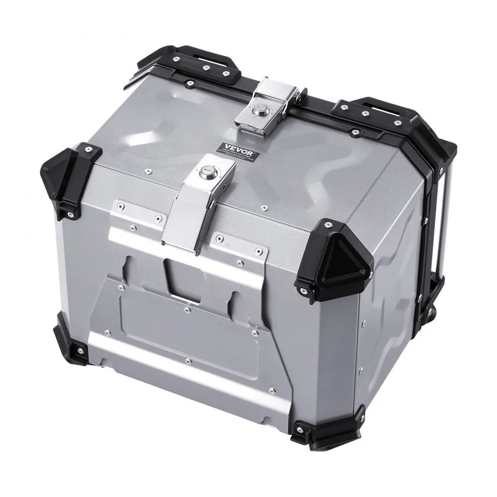 VEVOR Motorcycle Top Case, Universal Aluminum Alloy Motorbike Tail Box with Leather Lining, 45L Waterproof Detachable Motorcycle Top Box with Lock & Back Cushion, Fit for 99% of Motorcycle Frames
