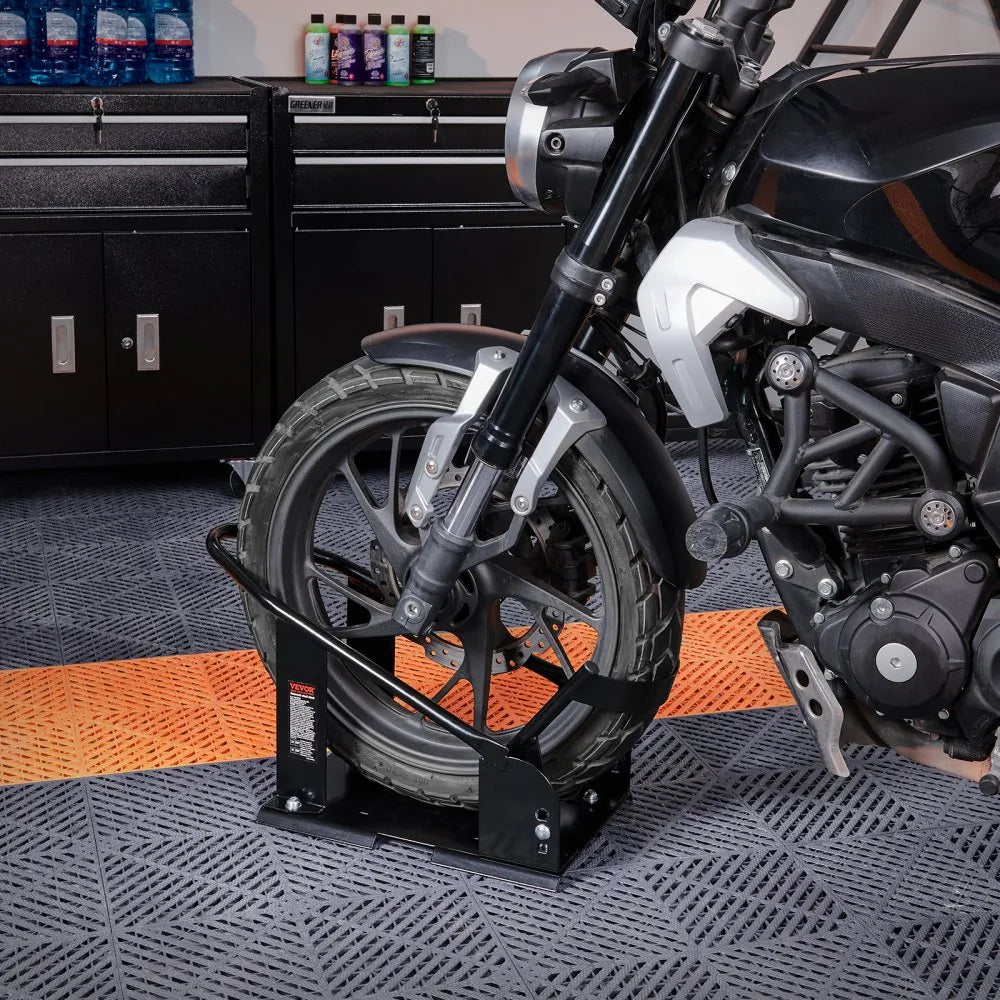 VEVOR Motorcycle Wheel Chock, 1800 lbs Capacity Wheel Cradle Holder, Heavy-duty Steel Motorcycle Front Wheel Stand with 3 Adjustable Holes, For 15"-21" Off-Road Motorcycles, Standard Motorcycles