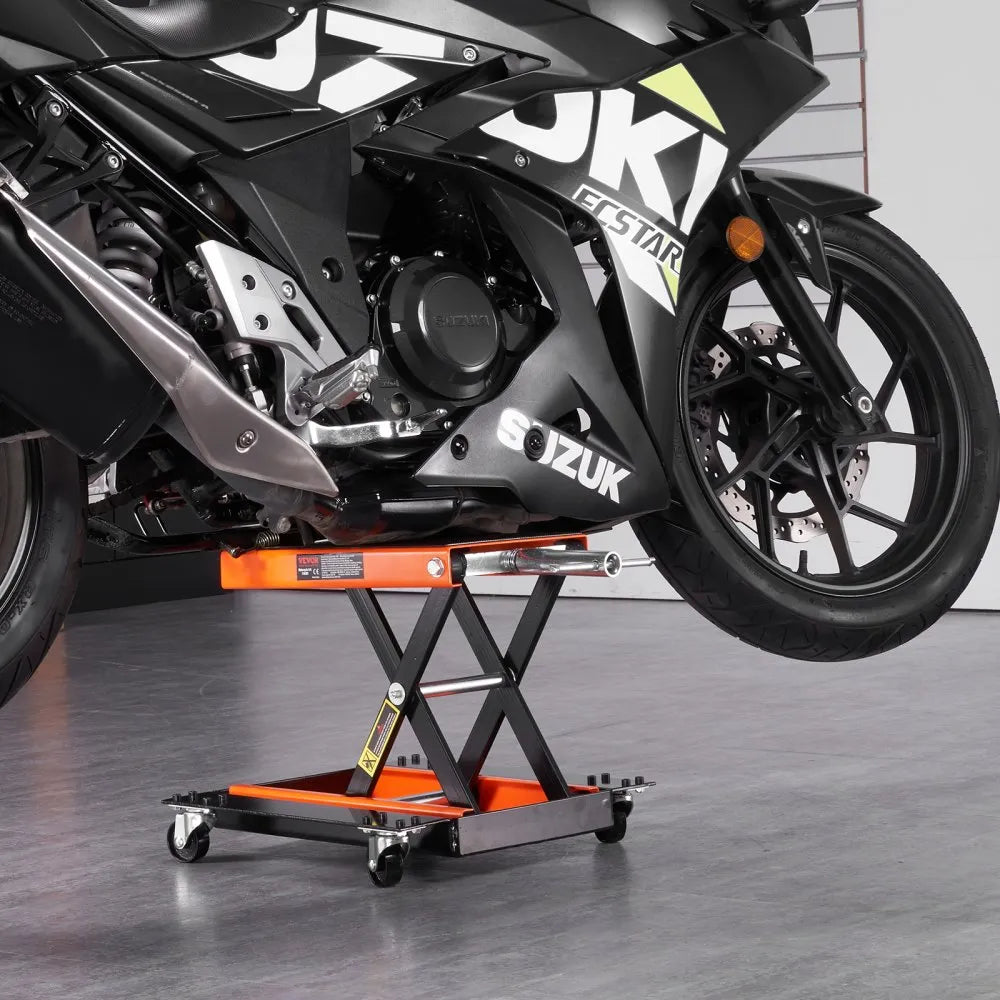 VEVOR Motorcycle Lift, 1100 LBS Motorcycle Lift ATV Scissor Lift Jack with Dolly & Hand Crank, Center Hoist Crank Stand with Wide Deck & Tool Tray for Street Bikes, Cruiser Bikes, Touring Motorcycles