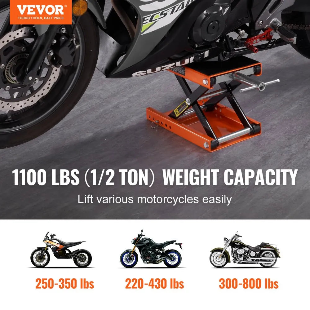 VEVOR Motorcycle Lift, 1100 LBS Motorcycle Scissor Lift Jack with Wide Deck & Safety Pin, 3.7"-13.8" Center Hoist Crank Stand, Steel Scissor Jack for Street Bikes, Cruiser Bikes, Touring Motorcycles