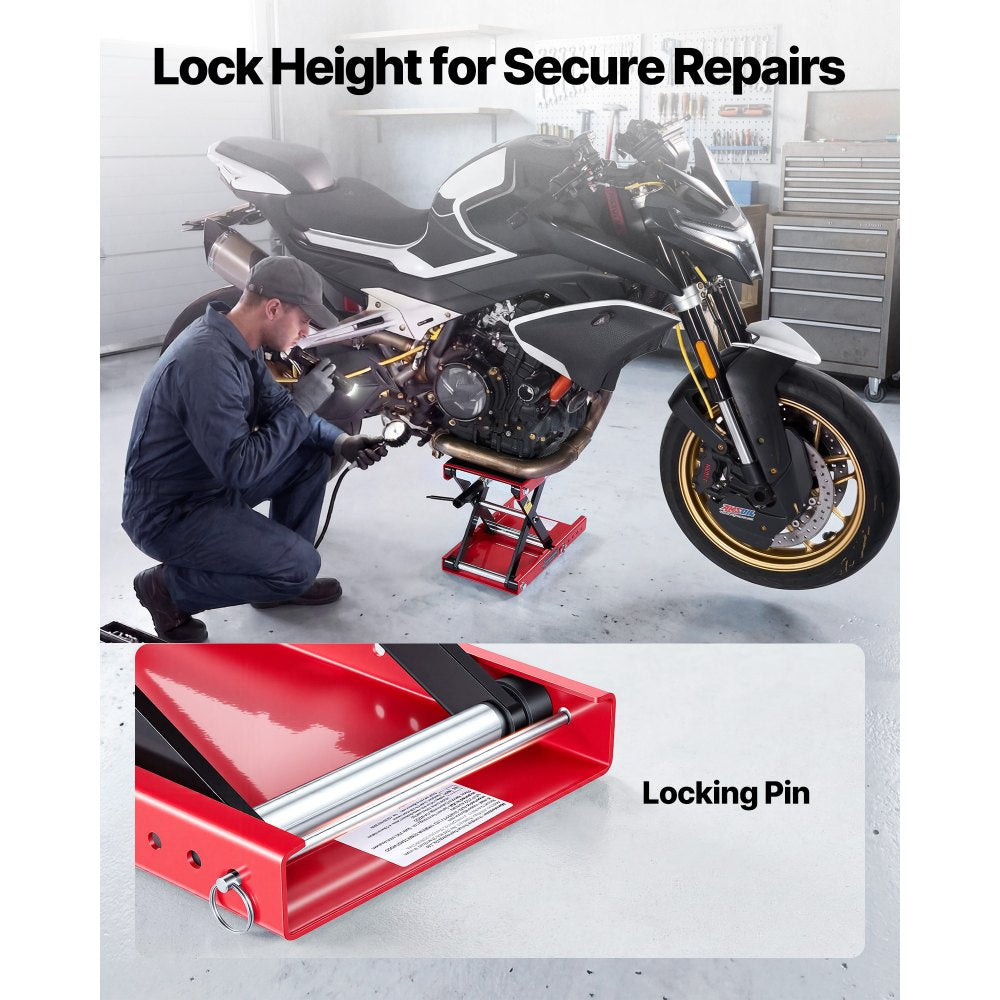 VEVOR Motorcycle Lift, 1100 lbs Motorcycle Scissor Lift Jack with Wide Deck & Lock Pin, 3.74"-13.38" Center Hoist Crank Stand, Steel Scissor Jack for Street Bikes, Cruiser Bikes, Touring, Red/Black