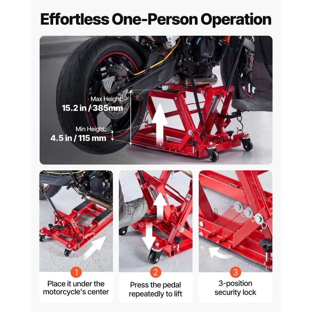 VEVOR Hydraulic Motorcycle Lift Jack, 1500 lbs Capacity, ATV Lift Jack Portable Motorcycle Hoist Stand with 4 Wheels, 4.5"-15.2" Height Range, Hydraulic Foot-Operated Hoist Stand for ATVs, Dirt Bikes