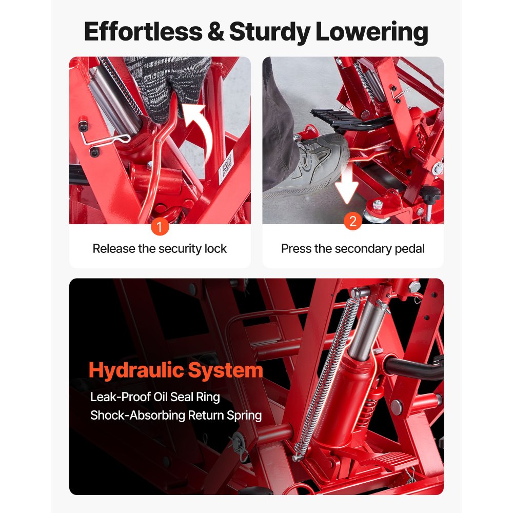 VEVOR Hydraulic Motorcycle Lift Jack, 1500 lbs Capacity, ATV Lift Jack Portable Motorcycle Hoist Stand with 4 Wheels, 4.5"-15.2" Height Range, Hydraulic Foot-Operated Hoist Stand for ATVs, Dirt Bikes
