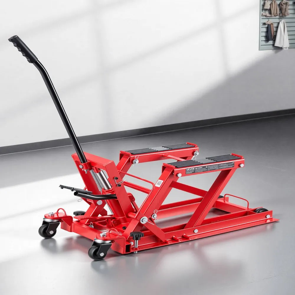 VEVOR Hydraulic Motorcycle Lift Jack, 1500 lbs Capacity, ATV Lift Jack Portable Motorcycle Hoist Stand with 4 Wheels, 4.5"-15.2" Height Range, Hydraulic Foot-Operated Hoist Stand for ATVs, Dirt Bikes