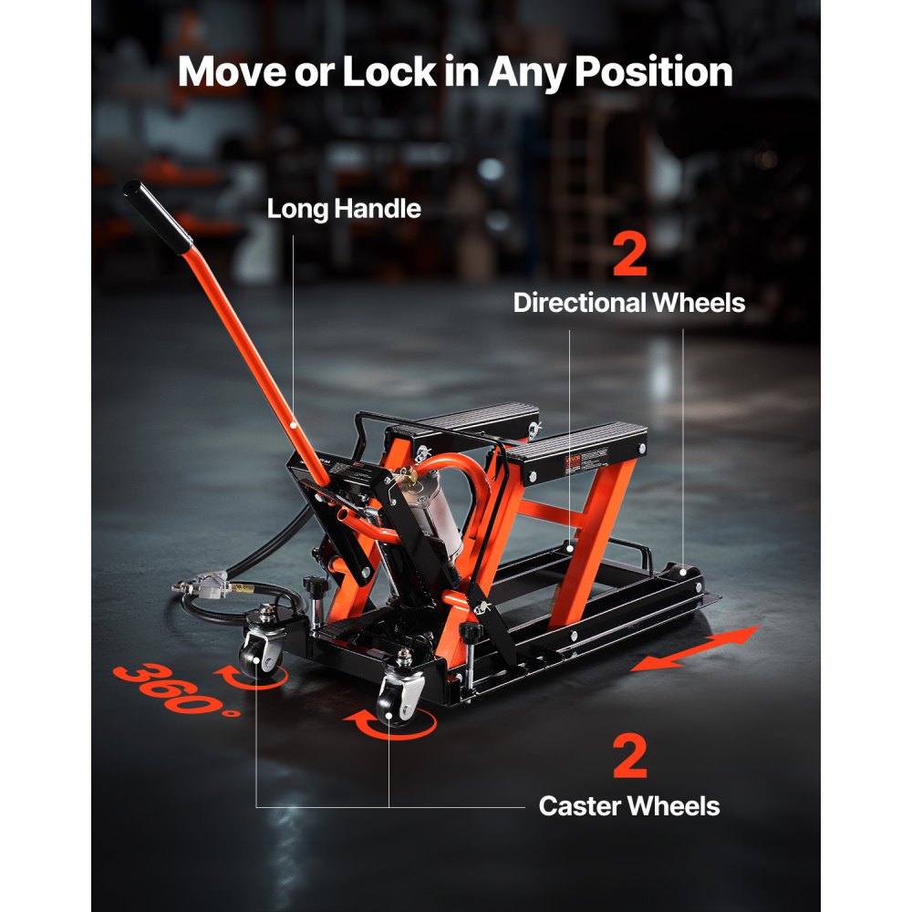 VEVOR Motorcycle Lift, 1500lbs Weight Capacity, Hydraulic & Pneumatic Motorcycle Jack, 4.1-15 in Height Range, Heavy Duty Bike Repair Stand with Removable Ramp with 2 Casters for ATVs, Dirt Bike