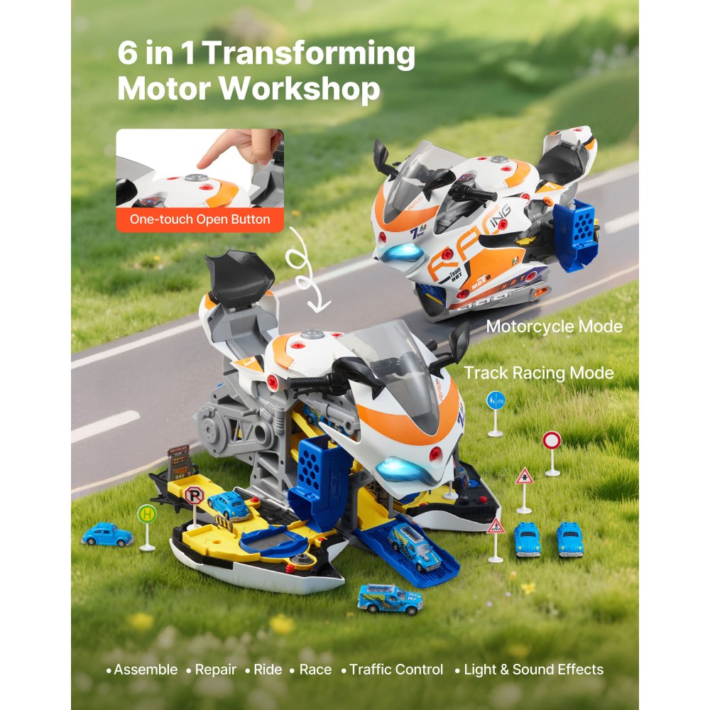 VEVOR Motorcycle Engine Toy, 25 Pieces, Motorcycle Mechanic Toy with Removable Parts, Lights & Sounds, Simulated Riding & Track Racing, Kids Mechanic Workshop Set for Toddler 3 Years and Up, Yellow
