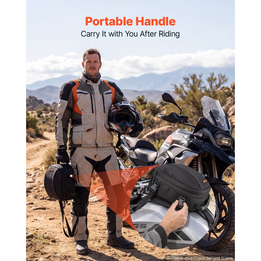 VEVOR Magnetic Tank Bag, Large Black Motorcycle Storage Bag Magnetic Base, Fits ADV, Sport, Touring, and Dirt Bikes, Touchscreen Phone Map Pocket, YKK Zippers, Motorbike Backpack, Included Rain Cover