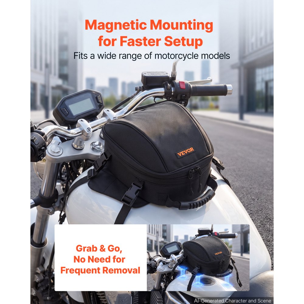 VEVOR Magnetic Tank Bag, Large Black Motorcycle Storage Bag Magnetic Base, Fits ADV, Sport, Touring, and Dirt Bikes, Touchscreen Phone Map Pocket, YKK Zippers, Motorbike Backpack, Included Rain Cover