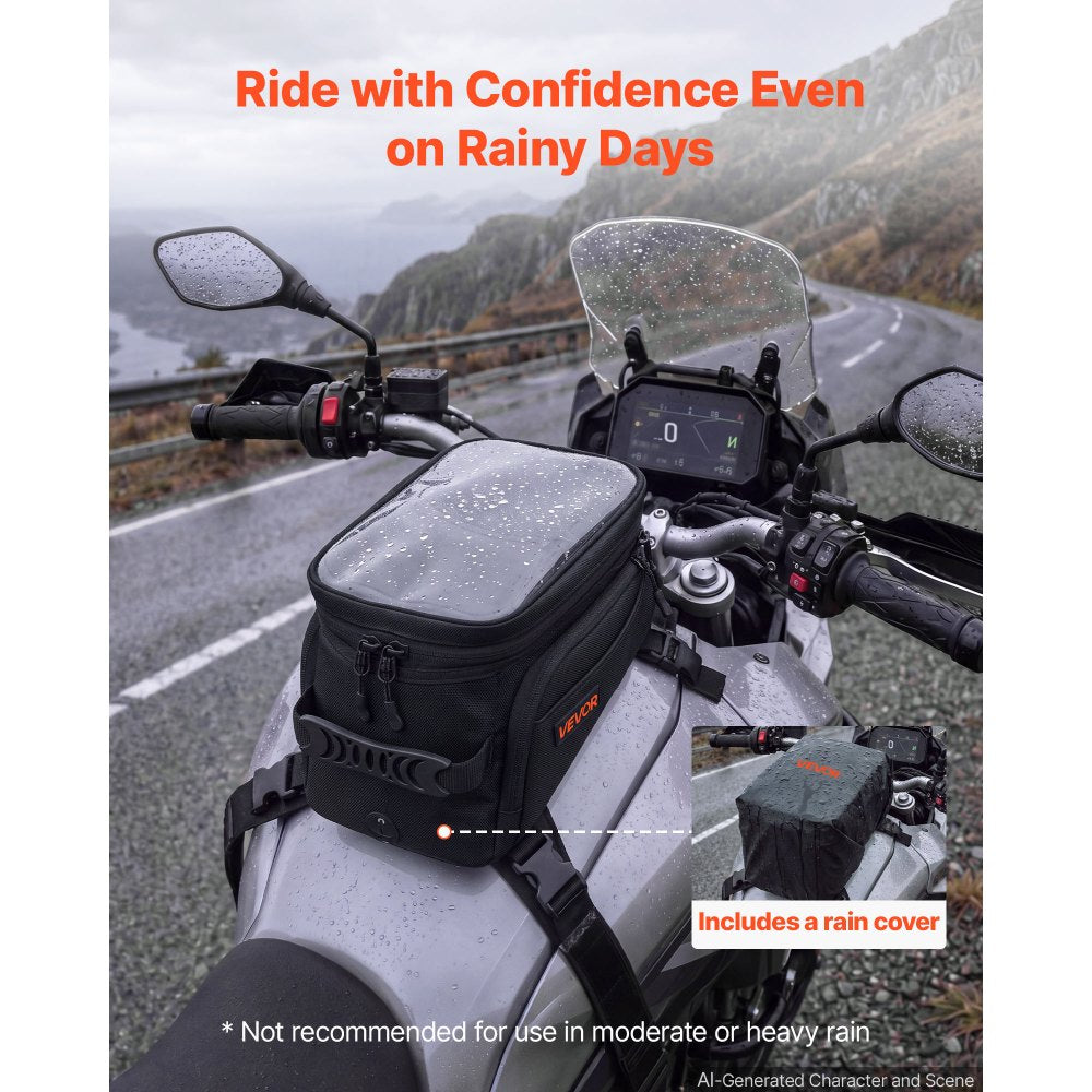 VEVOR Motorcycle Tank Bag Extra Large Black Motorbike Storage Bag Accessory, For ADV, Dual Sport, Touring & Dirt Bikes, Touchscreen Phone Map Pocket, YKK Zippers, Quick-Release Straps, with Rain Cover