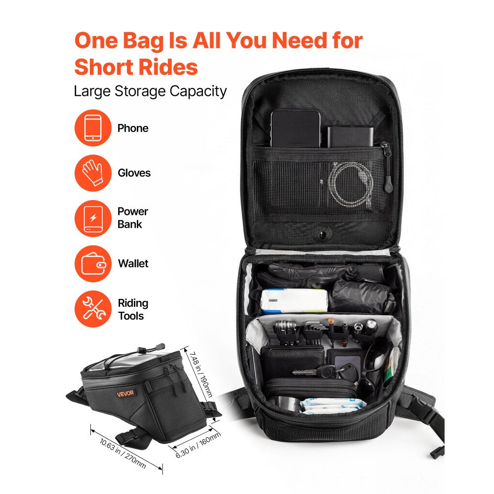 VEVOR Motorcycle Tank Bag, Small Black Motorbike Storage Bag Accessories, For ADV, Dual Sport, Touring & Dirt Bikes, Touchscreen Phone Map Pocket, YKK Zippers, Quick-Release Straps, with Rain Cover