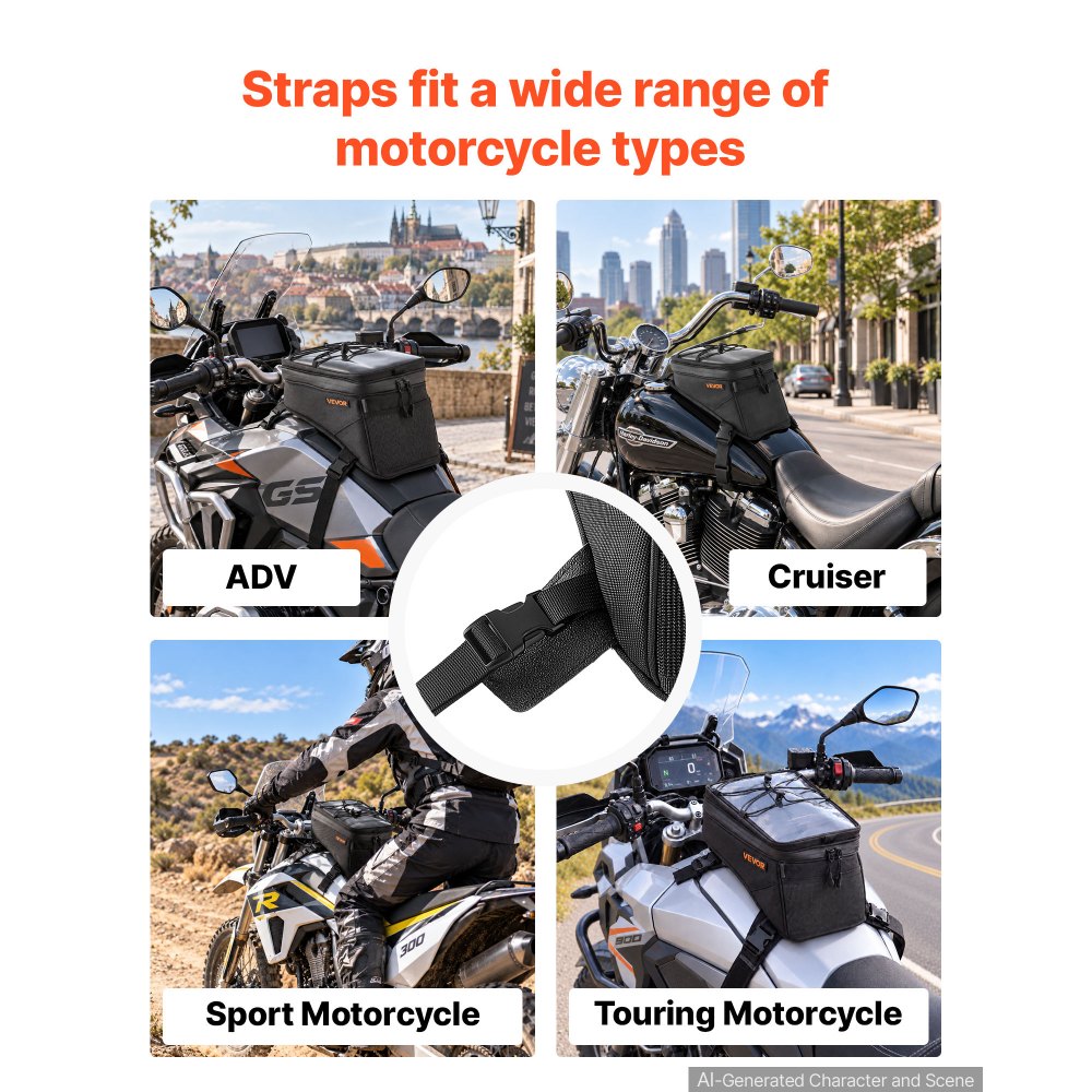 VEVOR Motorcycle Tank Bag, Small Black Motorbike Storage Bag Accessories, For ADV, Dual Sport, Touring & Dirt Bikes, Touchscreen Phone Map Pocket, YKK Zippers, Quick-Release Straps, with Rain Cover