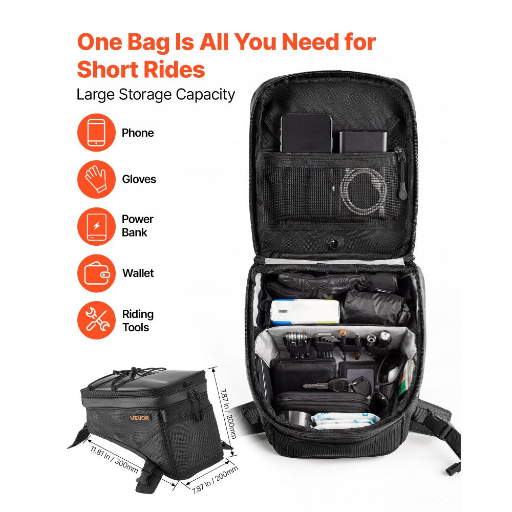 VEVOR Motorcycle Tank Bag, Large Black Motorbike Storage Bag Accessories, For ADV, Dual Sport, Touring & Dirt Bikes, Touchscreen Phone Map Pocket, YKK Zippers, Quick-Release Straps, with Rain Cover