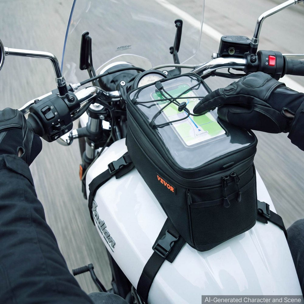 VEVOR Motorcycle Tank Bag, Large Black Motorbike Storage Bag Accessories, For ADV, Dual Sport, Touring & Dirt Bikes, Touchscreen Phone Map Pocket, YKK Zippers, Quick-Release Straps, with Rain Cover