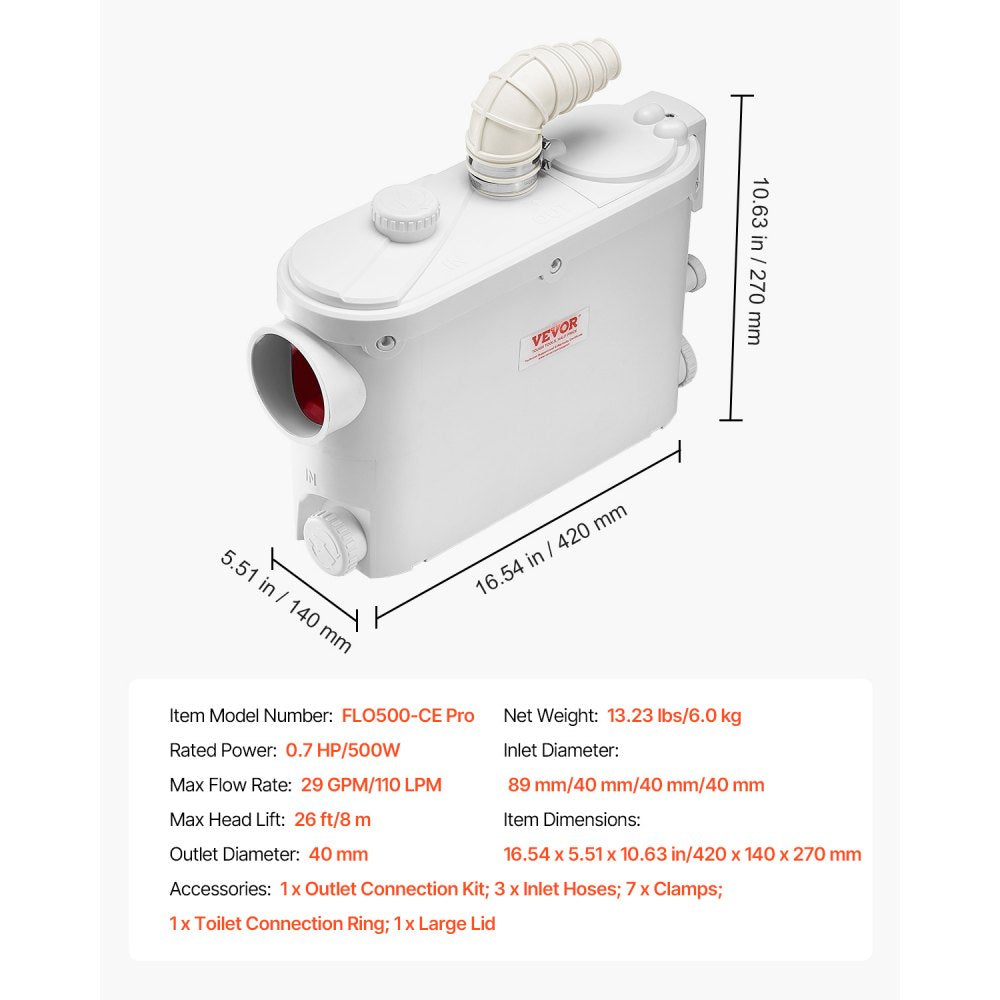 VEVOR Macerator Pump, 500W, 29 GPM Flow, 26 ft/8 m Head, Macerator Wall-Hung Toilet Pump with 4 Water Inlets, Waste Water Disposal Upflush Machine for Toilet, Basement, Shower, Sink, Laundry, Bathtub