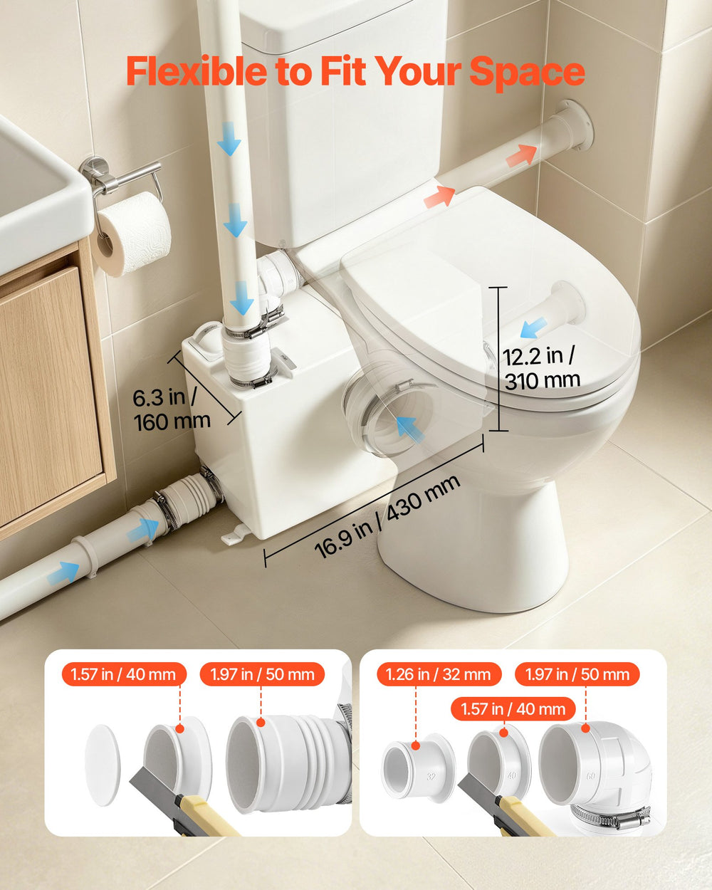 VEVOR Macerator Pump 800W 12000L/h Flow 32.8 ft/10 m Head PCB Smart Control, Macerating Sewage Pump, Waste Water Disposal Upflush Machine with 4 Inlets, for Basement, Toilet, Sink, Laundry, Kitchen
