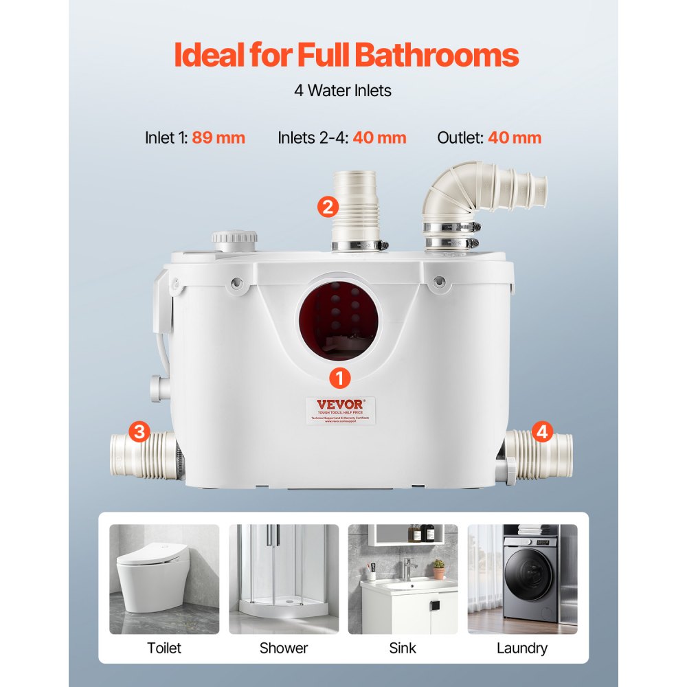 VEVOR Macerator Pump, 500W, 29 GPM Flow, 26 ft/8 m Head, Macerator Sewerage Toilet Pump with 4 Water Inlets, Waste Water Disposal Upflush Machine for Toilet, Basement, Shower, Sink, Laundry, Bathtub