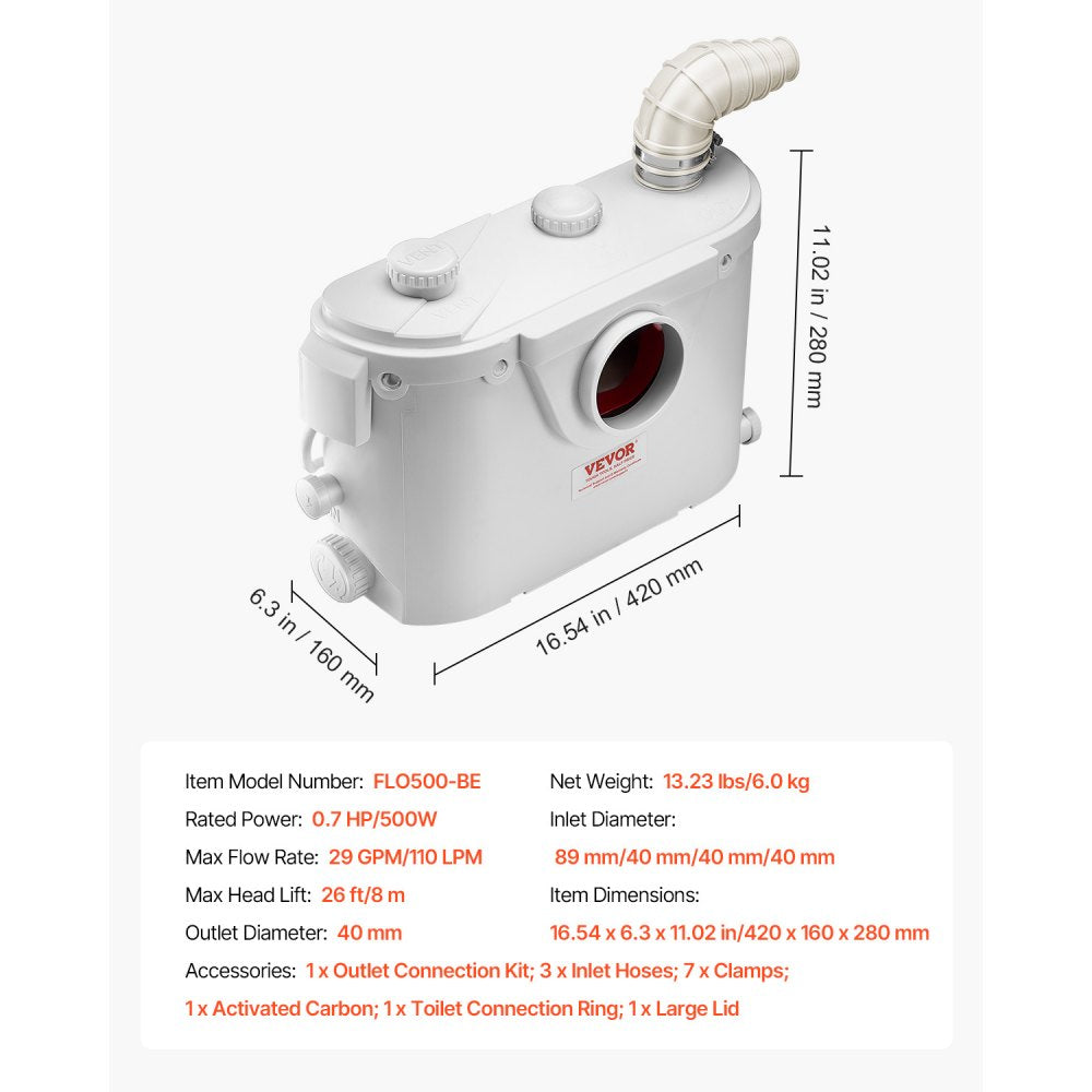 VEVOR Macerator Pump, 500W, 29 GPM Flow, 26 ft/8 m Head, Macerator Sewerage Toilet Pump with 4 Water Inlets, Waste Water Disposal Upflush Machine for Toilet, Basement, Shower, Sink, Laundry, Bathtub