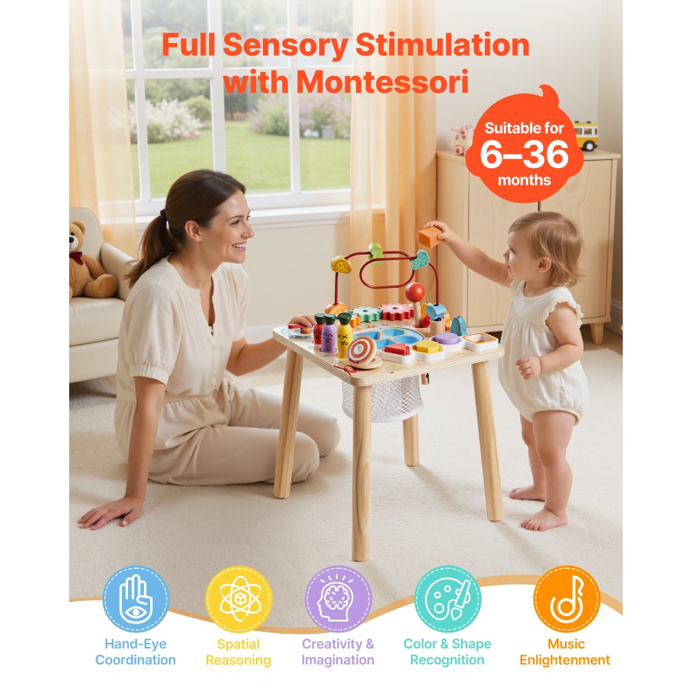 VEVOR Montessori Activity Table for Toddler 1-3 Years Old, 8 in 1 Wooden Learn Activity Desk, Baby Play Table for Boys & Girls Aged 6+ Months, Great Birthday, Christmas, Children's Day Present
