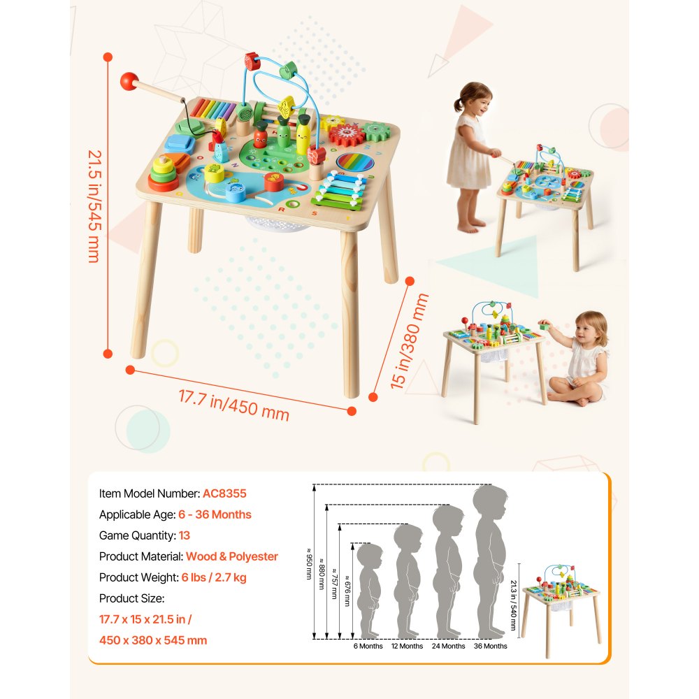 VEVOR Montessori Activity Table for Toddler 1-3 Years Old, 13 in 1 Wooden Learn Activity Desk, Baby Play Table for Boys & Girls Aged 6+ Months, Great Birthday, Christmas, Children's Day Present