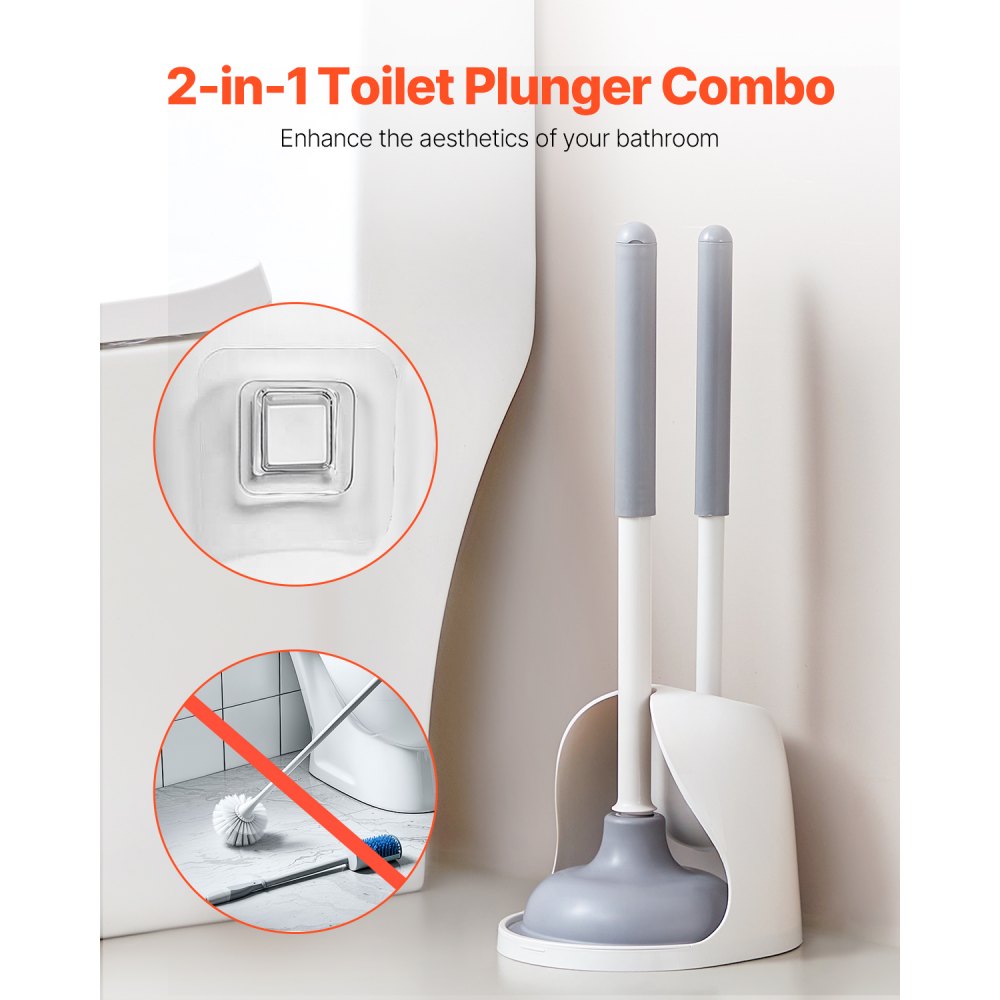 VEVOR Toilet Brush and Plunger Set, 2-in-1 Toilet Bowl Brush Plunger Combo with Ventilated Holder, 360° Deep Cleaning and Drip-Proof Bathroom Supplies, for Bathroom, RV and Toilets (White & Grey)