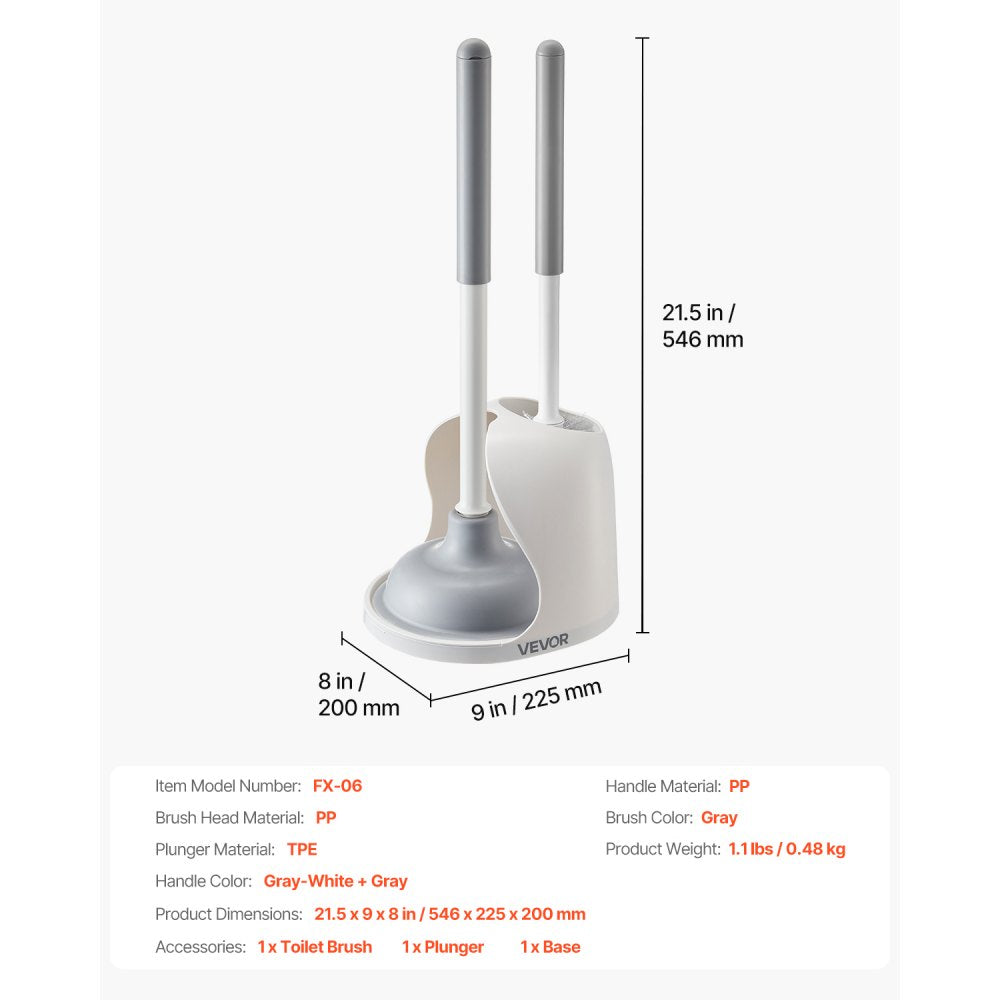 VEVOR Toilet Brush and Plunger Set, 2-in-1 Toilet Bowl Brush Plunger Combo with Ventilated Holder, 360° Deep Cleaning and Drip-Proof Bathroom Supplies, for Bathroom, RV and Toilets (White & Grey)