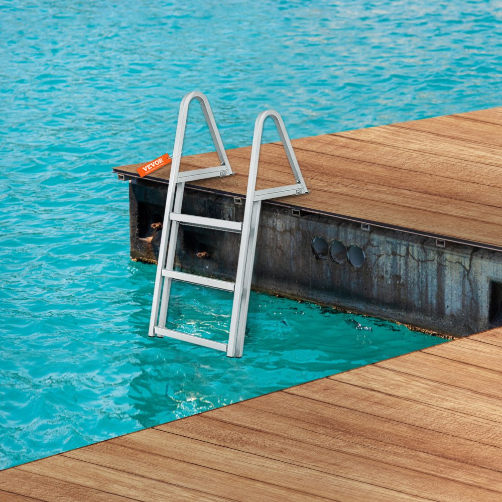 VEVOR Dock Ladder, Removable 3 Steps, 350 lbs Load Capacity, Aluminum Alloy Pontoon Boat Ladder with 4'' Wide Step & Nonslip Mat, Easy to Install for Ship/Lake/Pool/Marine Boarding