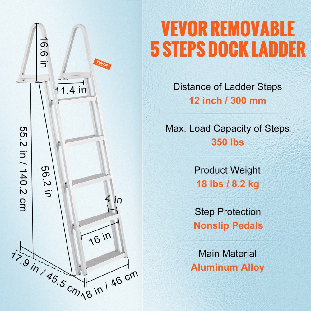 VEVOR Removable Dock Ladder 5 Steps, 350 lbs Load Capacity, Pontoon Boat Ladder with 4'' Wide Step & Nonslip Design for Ship/Lake/Pool/Marine Boarding