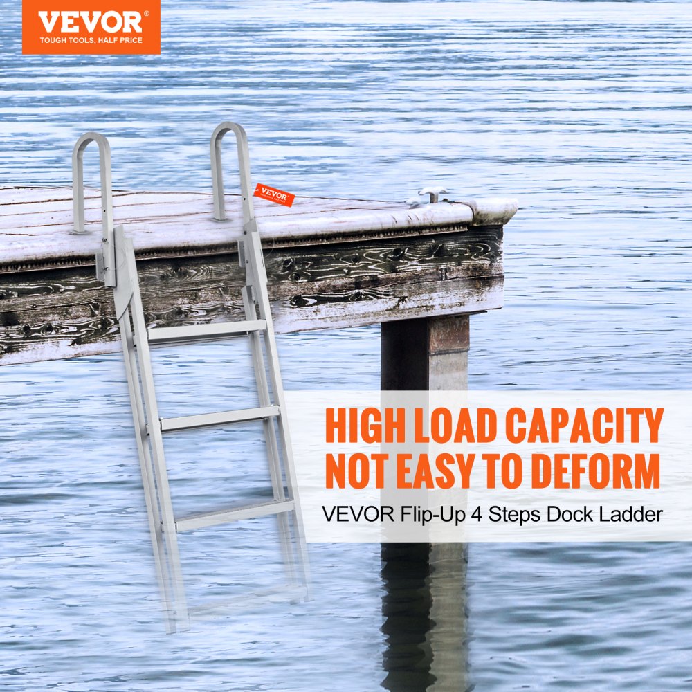 VEVOR Dock Ladder Flip Up 4 Steps, 350lbs Load Capacity, Aluminum Pontoon Boat Ladder with 4" Wide Step & Nonslip Rubber Mat,Swimm Step Ladder for Ship/Lake/Pool/Marine Boarding