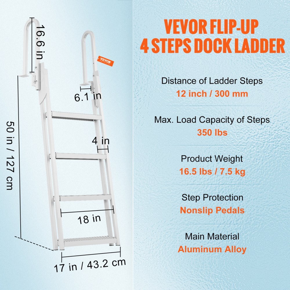 VEVOR Dock Ladder Flip Up 4 Steps, 350lbs Load Capacity, Aluminum Pontoon Boat Ladder with 4" Wide Step & Nonslip Rubber Mat,Swimm Step Ladder for Ship/Lake/Pool/Marine Boarding